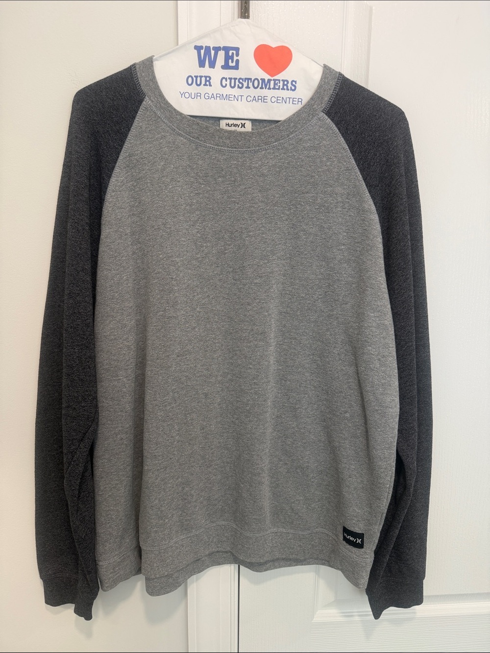 Hurley Men’s Gray Crewneck Raglan Sweatshirt with Dark Gray Sleeves